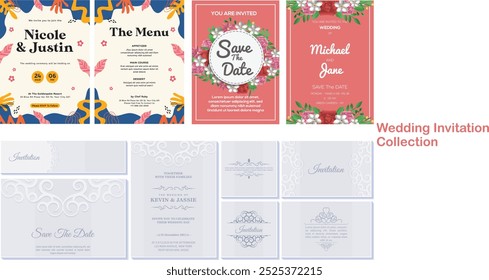 A collection of wedding invitations featuring various designs and themes. The invitations are colorful and feature floral and other decorative elements. Each invitation is unique