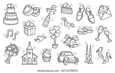 Collection of wedding items. Simple linear hand drawn doodle illustrations