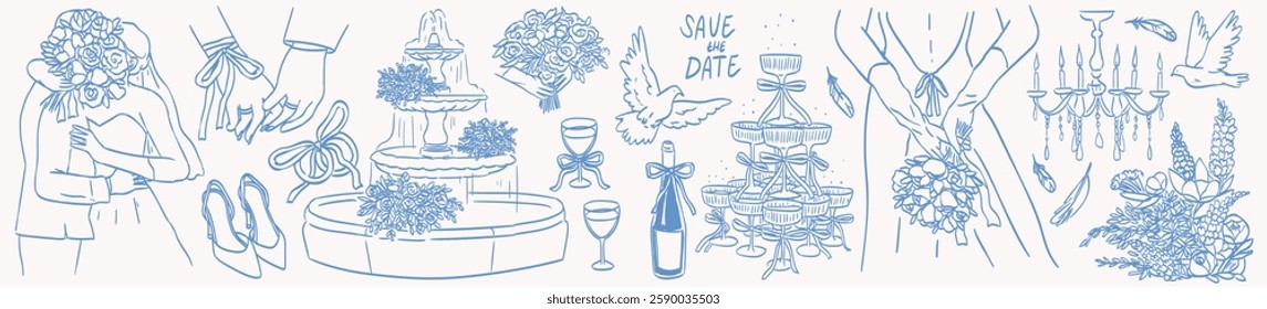 Collection of wedding line art illustrations in doodle ink style . Elegant just married party hand drawn elements. Casual vintage drawings for invitations, cards, greetings and placards. Save the date