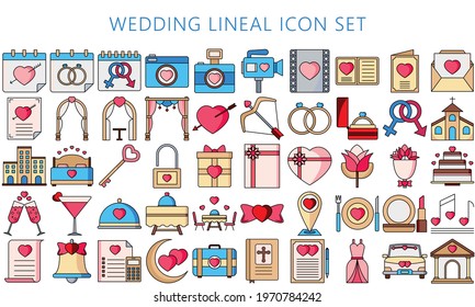 Collection of wedding lineal icons set, include decorations, invitation, heart, love and others. Used for modern concepts, web and apps. eps 10 ready convert to svg svg