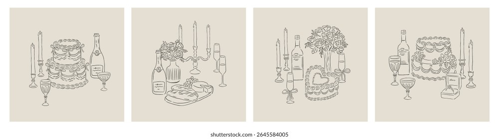 Coleção de Casamento, Ocasião, Eventos celebração desenhada à mão estilo vetor ilustração modelo de fundo alimento definindo vinho, bolo e flor mão desenhada vetor ilustração