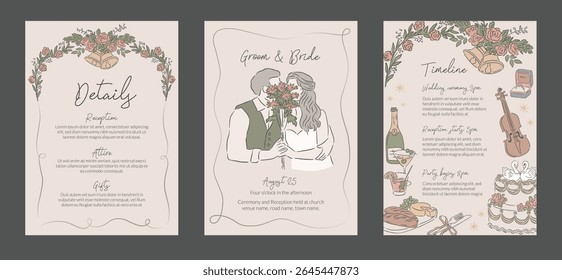 Coleção de ocasiões de casamento convite mão desenhado estilo modelo e fundo de noiva e noivo, linha do tempo e flores