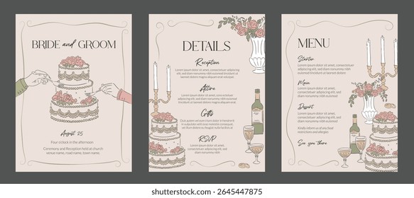 Coleção de ocasiões de casamento convite mão desenhado estilo modelo e fundo de bolo e recepção