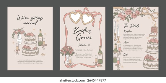 Coleção de ocasiões de casamento evento convite mão desenhado estilo modelo e fundo de fita, bolo e comida de recepção
