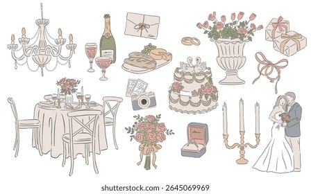 Coleção de Casamento Ocasiões desenhado à mão estilo vetorial ilustrações de anel, casal, flor, mesa e vinho