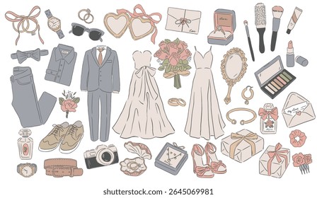 Coleção de Casamento Ocasiões desenhado à mão estilo vetor ilustrações