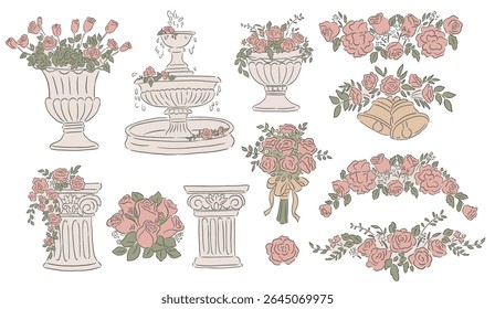 Collection of Wedding Occasions vector illustrations of Floral Roman vintage columns and pot
