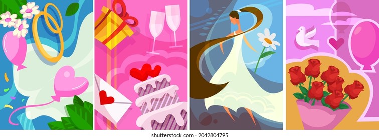 Collection of Wedding posters. Postcard designs in cartoon style.
