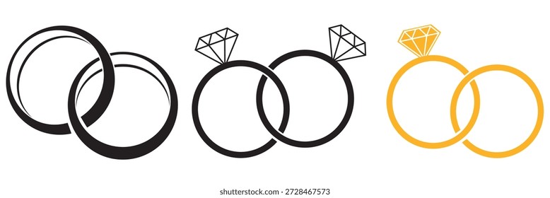 Collection of wedding ring icons. Diamond ring. Jewlery logo. Engagement diamond ring icon. Proposal symbol. Brilliant gold Jewlery vector illustration isolate