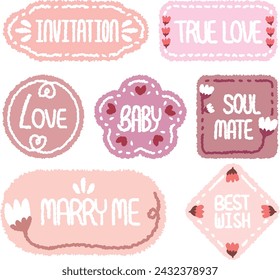 Collection of wedding theme speech bubbles.Romantic memo labels.Hand drawn doodle lettering quote frame with tulip pattern. Set of sticker for the wedding invitation. marry me  labels, Love Baby tags.