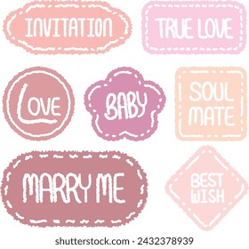 Collection of wedding theme speech bubbles.Romantic memo labels.Hand drawn doodle lettering quote frame with tulip pattern. Set of sticker for the wedding invitation. marry me  labels, Love Baby tags.