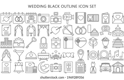 Collection of wedding thin black outline icons set, include decorations, invitation, heart, love and others. Used for modern concepts, web and apps. eps 10 ready convert to svg svg