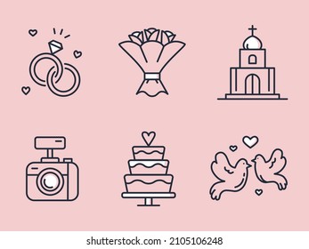 Collection of wedding thin line icons. Suitable for wedding and marriage site, invitations and prints. Vector wedding symbols: love, rings, cake, church, doves, camera on a pink background