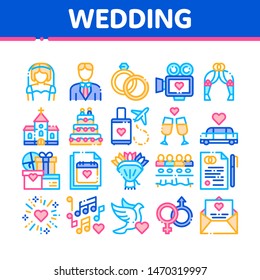 Collection Wedding Vector Thin Line Icons Set. Characters Bride And Groom, Rings And Limousine Wedding Elements Linear Pictograms. Church And Arch, Fireworks And Dancing Color Contour Illustrations