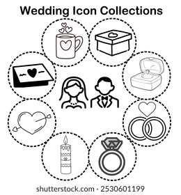 A collection of wedding-themed icons featuring a bride, groom, engagement rings, ring box, heart, candle, mug, gift box, and card, all encircled by dotted lines on a white background