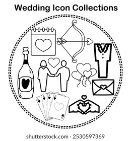 A collection of wedding-themed icons, including a calendar, bow and arrow, tuxedo, champagne bottle, couple, heart, balloons, cards, and an envelope, all inside a dotted circle on a white background.