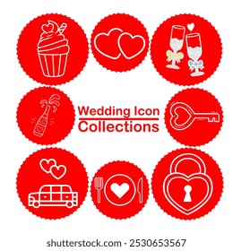 A collection of wedding-themed icons on a bright red background featuring a cupcake, hearts, champagne glasses, key, lock, wedding car, champagne bottle, and a dinner setting