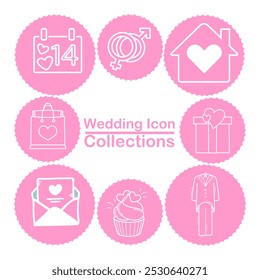 A collection of wedding-themed icons on a pink background, featuring a calendar, gender symbols, house with a heart, gift box, envelope, shopping bag, cupcake, and a tuxedo, all within circular border