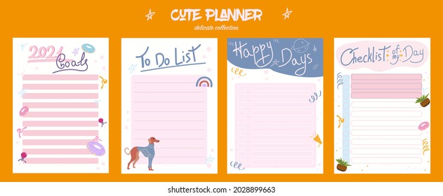 Collection of weekly or daily planner 2021 year, goals, happy day, birthday list, to do list, stickers templates decorated by cute illustrations. School scheduler and organizer. Flat vector