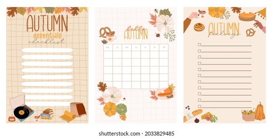 Colección de planificadores semanales o diarios, planilla de lista de verificación con comida de temporada, plantas de otoño, cosas acogedoras al estilo de los hígados. Ilustración vectorial editable.