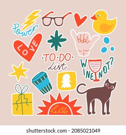 Collection of weekly or daily planner and diaries vector flat illustration. Words, characters and quotes for planner journal. Trendy notebook decor. Daily reminder vector set.