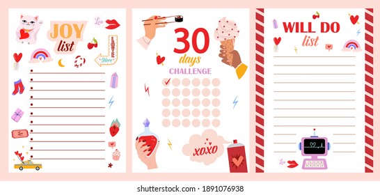 Collection of Weekly or daily planner, to do list, note paper templates with cute love cartoon illustrations. School scheduler and organizer. Editable vector illustration