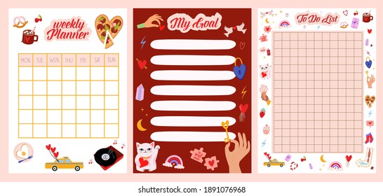 Collection of Weekly or daily planner, to do list, note paper templates with cute love cartoon illustrations. School scheduler and organizer. Editable vector illustration