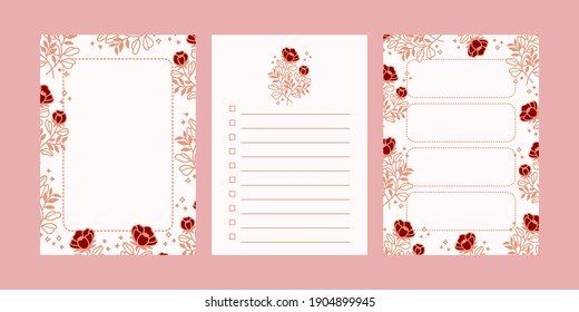 Collection of weekly daily planner, to do list, printable floral notepad, journal element, note paper template. School scheduler and organizer decorated with flower flat vector illustrations