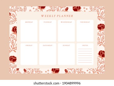 Collection of weekly daily planner, to do list, printable floral notepad, journal element, note paper template. School scheduler and organizer decorated with flower flat vector illustrations