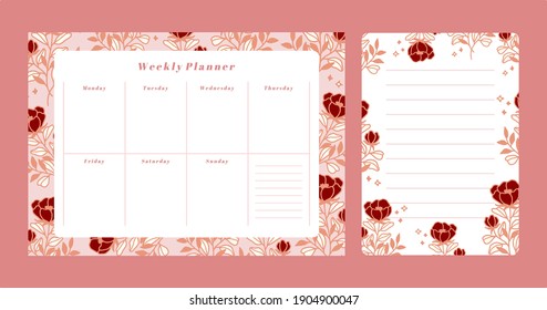 Colección de planificador diario semanal, lista de tareas por hacer, bloc de notas floral imprimible, elemento de diario, plantilla de papel de nota. Programador escolar y organizador decorado con ilustraciones vectoriales planas de flores