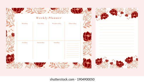 Collection of weekly daily planner, to do list, printable floral notepad, journal element, note paper template. School scheduler and organizer decorated with flower flat vector illustrations