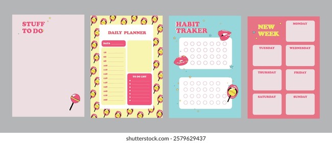 Collection of weekly or daily planner, habit tracker decorated by cute lips and lollipop. Trendy scheduler or organizer. Flat vector design