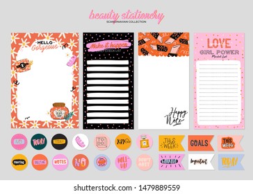 Collection of weekly or daily planner, note paper, to do list, stickers templates decorated by cute beauty cosmetic illustrations and trendy lettering. Trendy scheduler or organizer. Flat vector
