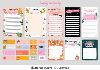 Collection of weekly or daily planner, note paper, to do list, stickers templates decorated by cute beauty cosmetic illustrations and trendy lettering. Trendy scheduler or organizer. Flat vector