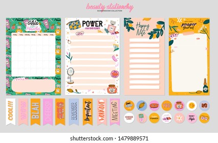 Collection of weekly or daily planner, note paper, to do list, stickers templates decorated by cute beauty cosmetic illustrations and trendy lettering. Trendy scheduler or organizer. Flat vector