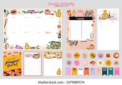 Collection of weekly or daily planner, note paper, to do list, stickers templates decorated by cute beauty cosmetic illustrations and trendy lettering. Trendy scheduler or organizer. Flat vector