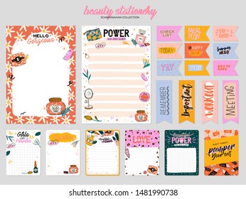 Collection of weekly or daily planner, note paper, to do list, stickers templates decorated by cute beauty cosmetic illustrations and trendy lettering. Trendy scheduler or organizer. Flat vector