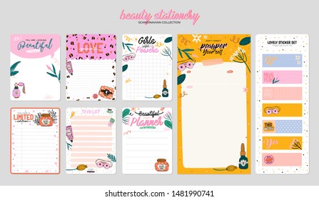 Collection of weekly or daily planner, note paper, to do list, stickers templates decorated by cute beauty cosmetic illustrations and trendy lettering. Trendy scheduler or organizer. Flat vector
