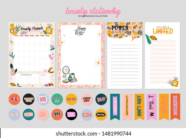 Collection of weekly or daily planner, note paper, to do list, stickers templates decorated by cute beauty cosmetic illustrations and trendy lettering. Trendy scheduler or organizer. Flat vector