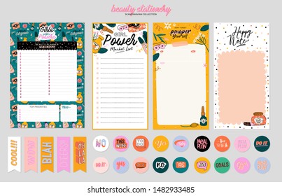 Collection of weekly or daily planner, note paper, to do list, stickers templates decorated by cute beauty cosmetic illustrations and trendy lettering. Trendy scheduler or organizer. Flat vector