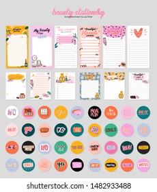 Collection of weekly or daily planner, note paper, to do list, stickers templates decorated by cute beauty cosmetic illustrations and trendy lettering. Trendy scheduler or organizer. Flat vector