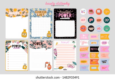 Collection of weekly or daily planner, note paper, to do list, stickers templates decorated by cute beauty cosmetic illustrations and trendy lettering. Trendy scheduler or organizer. Flat vector