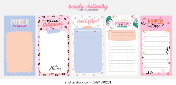 Collection of weekly or daily planner, note paper, to do list, stickers templates decorated by cute beauty cosmetic illustrations and trendy lettering. Trendy scheduler or organizer. Flat vector