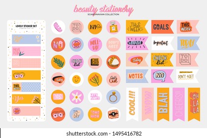 Collection of weekly or daily planner, note paper, to do list, stickers templates decorated by cute beauty cosmetic illustrations and trendy lettering. Trendy scheduler or organizer. Flat vector