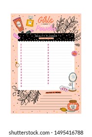 Collection of weekly or daily planner, note paper, to do list, stickers templates decorated by cute beauty cosmetic illustrations and trendy lettering. Trendy scheduler or organizer. Flat vector