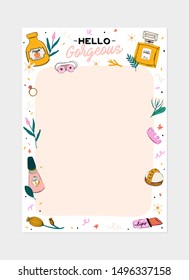 Collection of weekly or daily planner, note paper, to do list, stickers templates decorated by cute beauty cosmetic illustrations and trendy lettering. Trendy scheduler or organizer. Flat vector