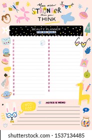 Collection of weekly or daily planner, note paper, to do list, stickers templates decorated by cute kids illustrations and inspirational quote. School scheduler and organizer. Flat vector