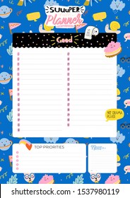 Collection of weekly or daily planner, note paper, to do list, stickers templates decorated by cute kids illustrations and inspirational quote. School scheduler and organizer. Flat vector