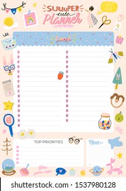 Collection of weekly or daily planner, note paper, to do list, stickers templates decorated by cute kids illustrations and inspirational quote. School scheduler and organizer. Flat vector