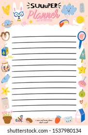 Collection of weekly or daily planner, note paper, to do list, stickers templates decorated by cute kids illustrations and inspirational quote. School scheduler and organizer. Flat vector